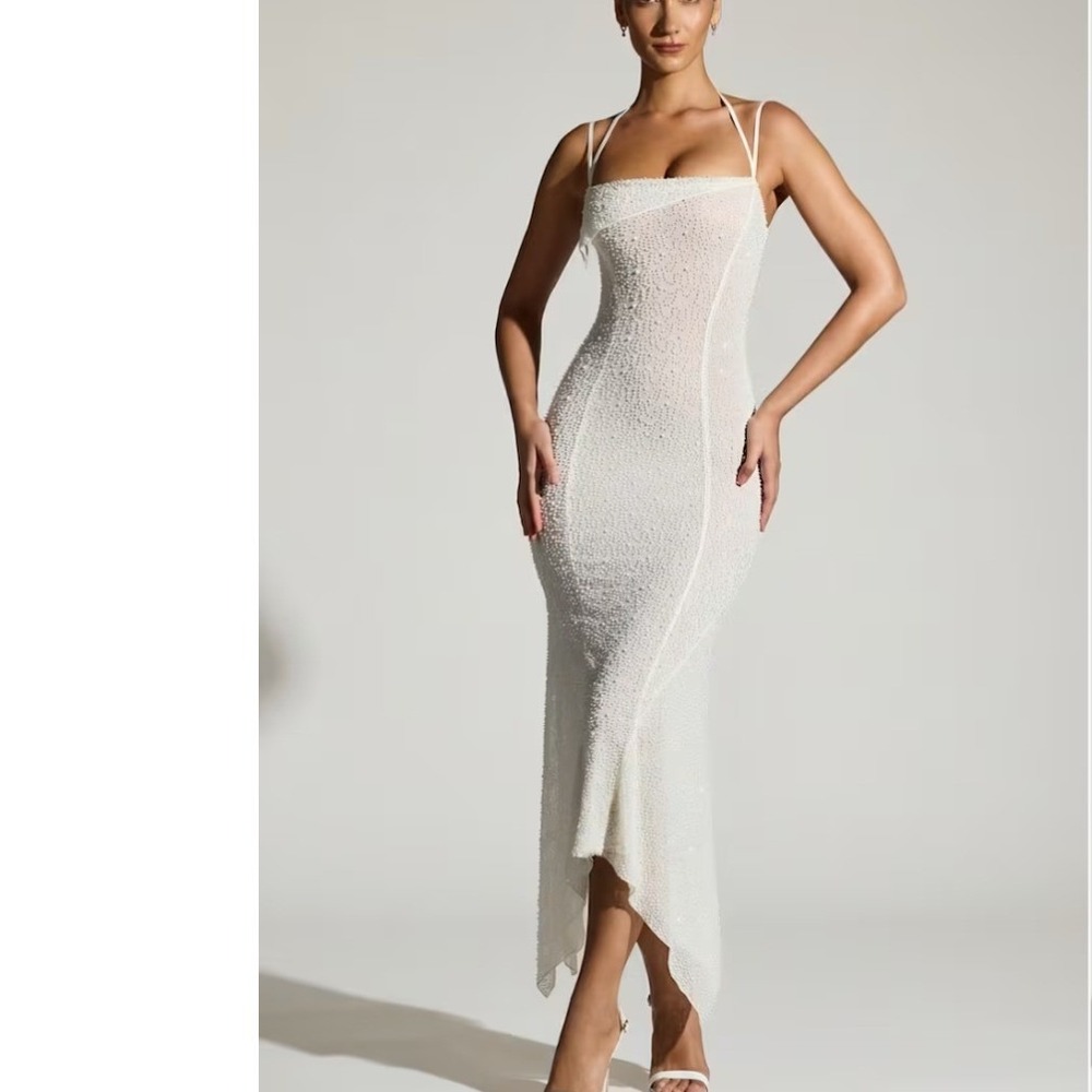 Oh Polly Dole White Embellished Handkerchief Hem Maxi Dress Bridal‎ US 6 NEW
